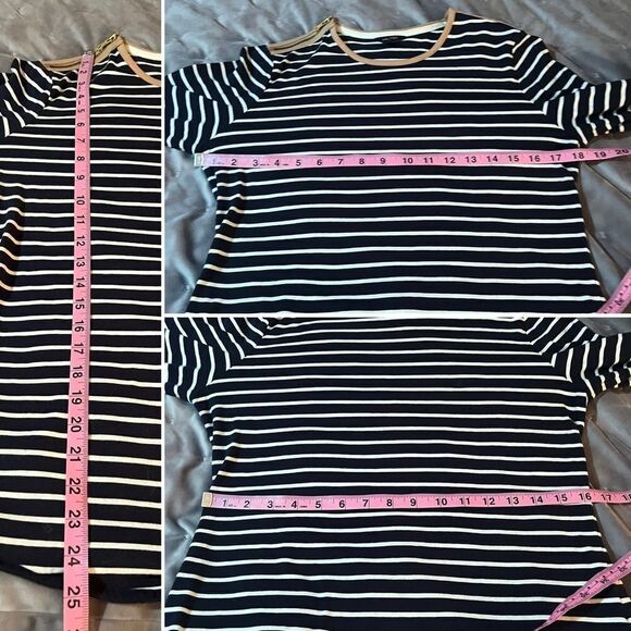 Nautica Striped Womens Long Sleeve Top Zipper Shoulders Tan Trim Navy White M - Picture 10 of 10